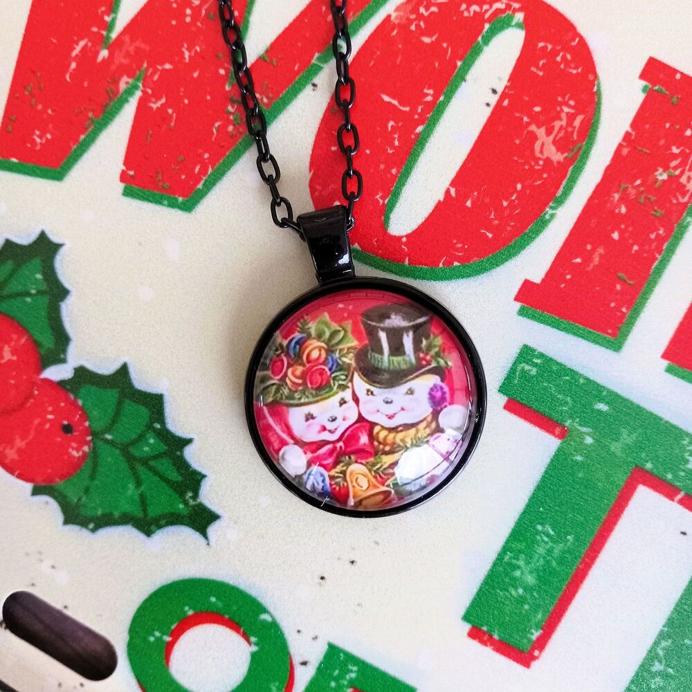 Snowman & Snowwoman Couple Pendant Necklace, Christmas Jewelry, Glass Cabochon N